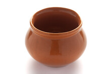 Closeup Of Empty Indian Hand Made Clay Red Pot (handi) Glazed,  Over White Background