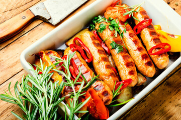 Canvas Print - Tasty German grilled sausages with rosemary