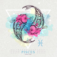 modern magic witchcraft card with astrology pisces zodiac sign on artistic watercolor background. re