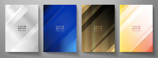 Wall Mural - Modern cover design set. Creative abstract with diagonal line pattern on background in silver, blue, black and gold color. Premium vector collection for business catalog, brochure template, booklet