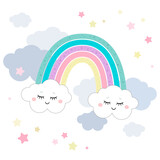 Fototapeta Dinusie - Cute magical rainbow and clouds in unicorn theme or little princess theme. Vector hand drawn illustration. Great for kids party, greeting cards, invitation, print for apparel, book illustration 