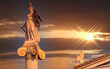 Athena the ancient Greek goddess of wisdom and knowledge under the sun on fiery sky, Athens Greece