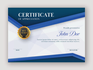 Poster - Horizontal Certificate Of Appreciation Template Design In Blue Color.