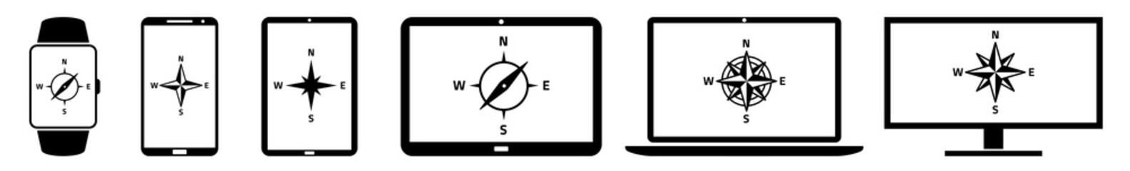 Wall Mural - display compass, windrose, north, south, west, east icon devices set | web screen device online | la