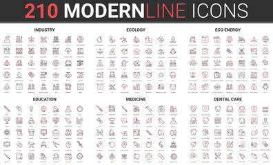 Eco sustainable renewable energy, ecology technology for power industry line icon vector illustration set. Red black thin linear symbols for dental care dentistry medicine, modern learning education