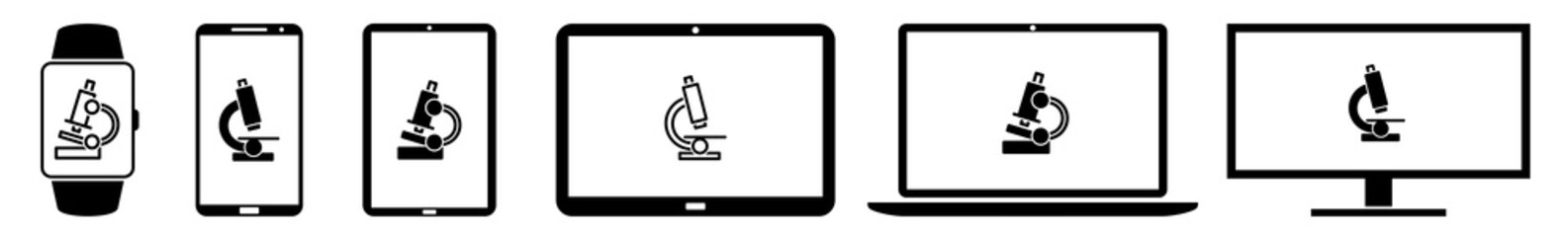 Wall Mural - display lab, microscope, science icon devices set | web screen device online | laptop vector illustr