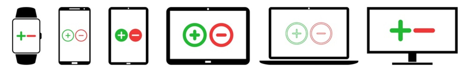 Wall Mural - display plus, minus, button, add, adding, less, more, increase, subtract icon devices set | web scre
