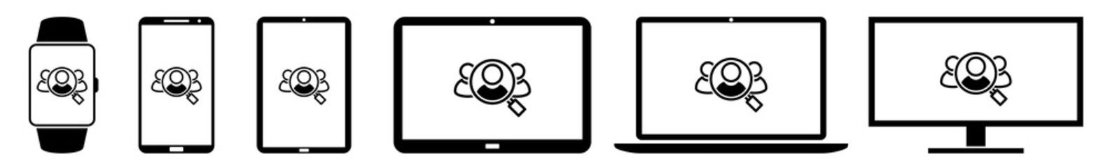 Wall Mural - display recruitment, search, staff, find, detect, employee icon devices set | web screen device onli