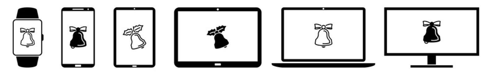 Wall Mural - display christmas, bell, bow, ribbon, holly icon devices set | web screen device online | laptop vec