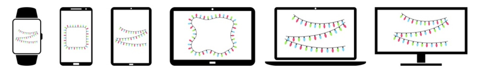 Wall Mural - fairy lights display icon devices set | screen christmas device | x-mas laptop vector illustration |