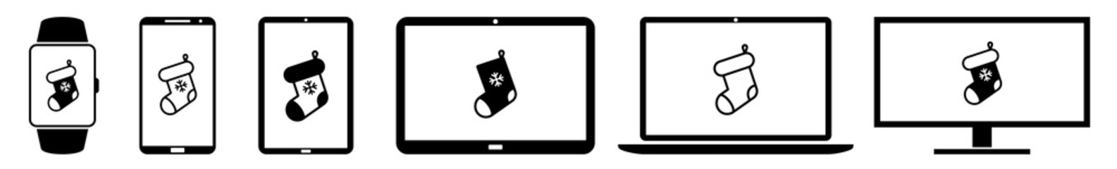 Wall Mural - display christmas, stocking, sock, snowflake, santa, claus icon devices set | web screen device onli