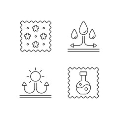 Sticker - Fabric features linear icons set. Print textile. Water repellent. Fabric with reflective parts. Customizable thin line contour symbols. Isolated vector outline illustrations. Editable stroke