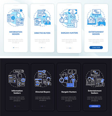 Online buyer behavior onboarding mobile app page screen with concepts. Bargain hunter walkthrough 4 steps graphic instructions. UI, UX, GUI vector template with linear night and day mode illustrations