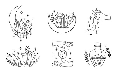 vector set with celestial set of boho style hand drawn mystic elements. stars, crystals, hands, esot