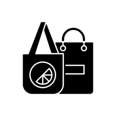 Sticker - Branded bags black glyph icon. Specialy created clothes. Place where small items are transported. Fashionable look accessories. Silhouette symbol on white space. Vector isolated illustration