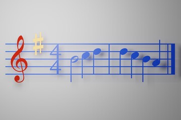 Musical notes from the hymn of joy. The treble clef on the musical stave. 3d illustration