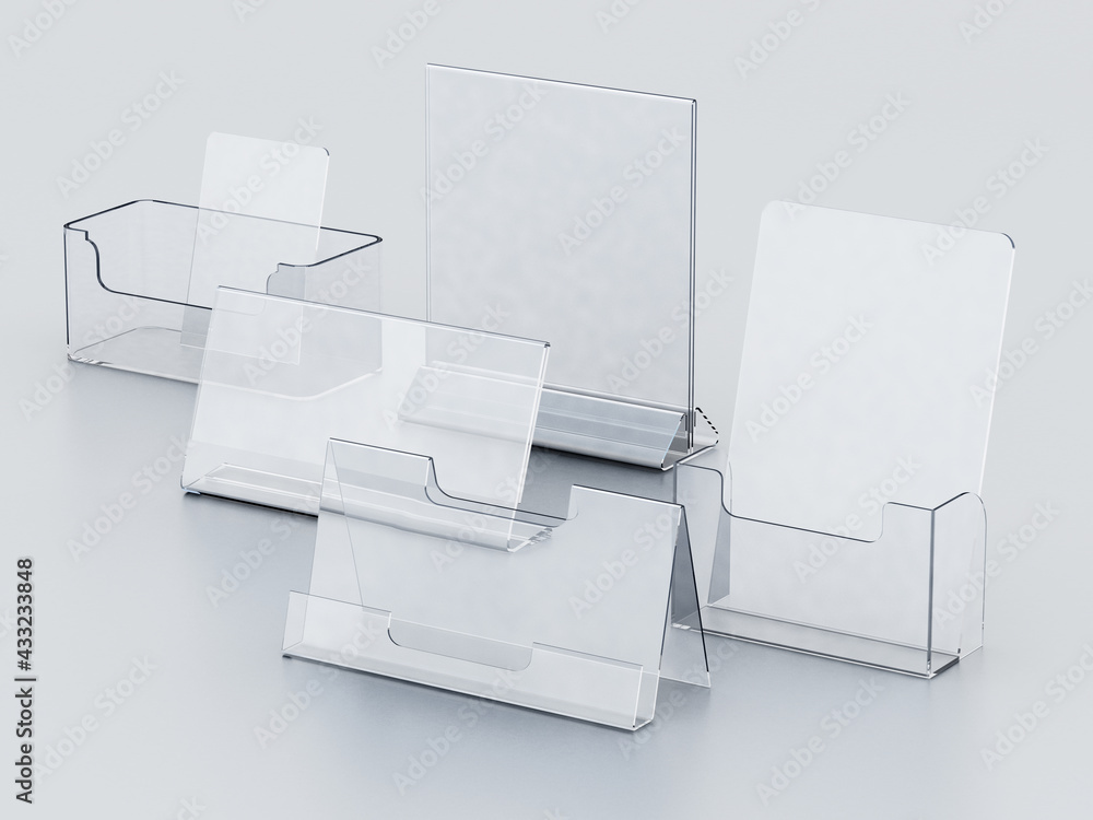 Plexiglass acryclic brochure hoders isolated on white background. 3D illustration - obrazy, fototapety, plakaty 