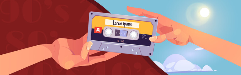 Retro mixtapes cartoon banner with human hands giving audio cassettes to each other. Music collection of eighties or nineties ages. Mix tapes media storage, vintage analog devices, Vector illustration