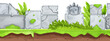 Seamless game landscape, jungle maya stone totem, ancient ruin background, green leaf, bushes. Nature level panorama, soil, cracked rocks, boulders. Old civilization game landscape, tropical plants