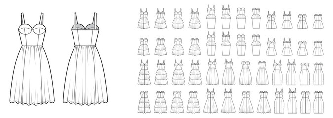 Wall Mural - Set of dresses Zip-up bustier peplum technical fashion illustration with sleeveless, strapless, fitted body, knee mini length ruffle tiered skirt. Flat front, back, white color. Women, men CAD mockup