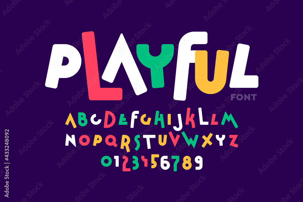 Playful style font design, colorful childish alphabet, letters and numbers vector illustration - obrazy, fototapety, plakaty 