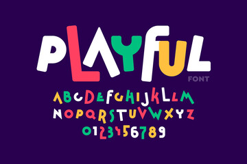 Wall Mural - Playful style font design, colorful childish alphabet, letters and numbers vector illustration