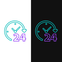 Sticker - Line Clock 24 hours icon isolated on white and black background. All day cyclic icon. 24 hours service symbol. Colorful outline concept. Vector