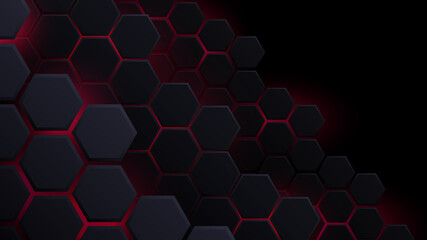 Abstract Futuristic background with hexagons . dark sci-fi hi-tech wallpaper with red lights .