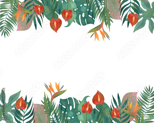夏のトロピカルな葉っぱのオシャレなフレームイラスト Wall Mural こみち 奥村