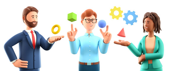 3D illustration of business abstract presentation. Multicultural cartoon characters interacting with geometric figures. Use for business annual report, flyer, marketing, leaflet, advertising.
