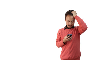 Canvas Print - Asian man using a smartphone isolated on a white background