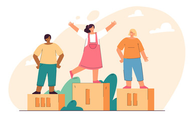Wall Mural - children winning prizes and standing on podium. flat vector illustration. girls taking first and sec