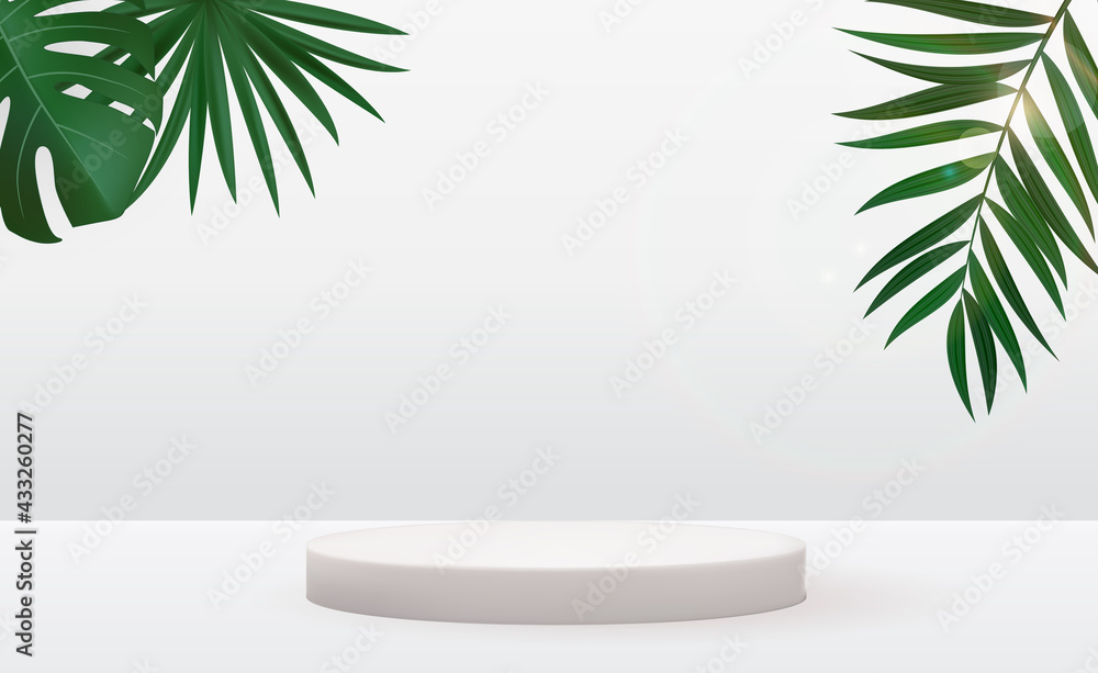 Realistic 3d pedestal over sunny background with palm leaf. Trendy empty podium display for ads cosmetic product presentation, fashion magazine. Vector illustration - obrazy, fototapety, plakaty 