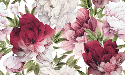 Wall Mural - Seamless floral pattern with peonies on summer background, watercolor illustration. Template design for textiles, interior, clothes, wallpaper