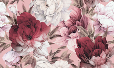 Seamless floral pattern with peonies on summer background, watercolor illustration. Template design for textiles, interior, clothes, wallpaper