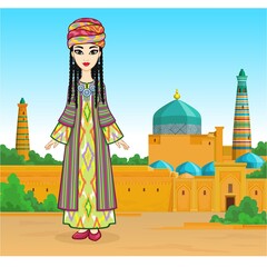 Wall Mural - Animation portrait of a beautiful girl in ancient national clothes and jewelry. Full growth. Central Asia. Background - summer landscape, ancient palace.  Vector illustration.  