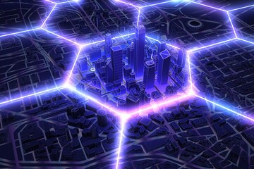 Wall Mural - neon hexagon wire shape over dark city aerial view