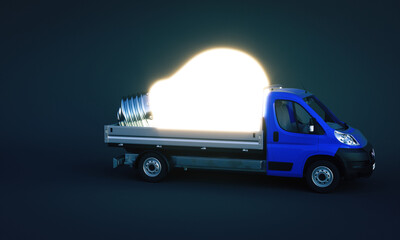 Wall Mural - truck carries a large lighted and luminescent light bulb.