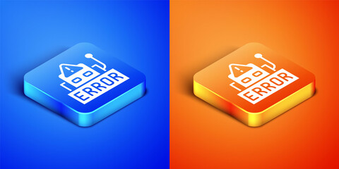 Isometric Error in the operation program of the robot icon isolated on blue and orange background. A broken chip of a robot. Square button. Vector
