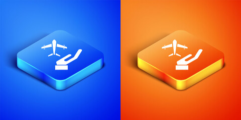 Poster - Isometric Plane in hand icon isolated on blue and orange background. Flying airplane. Airliner insurance. Security, safety, protection, protect concept. Square button. Vector