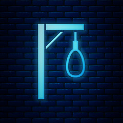 Poster - Glowing neon Gallows rope loop hanging icon isolated on brick wall background. Rope tied into noose. Suicide, hanging or lynching. Vector