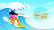 Summer Surfing banner poster design. female surfer riding wave vector illustration