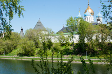 Panoramic view of the Novospassky Stavropigialny Muskoy monastery. View of the pond and the monastery. May 11, 2021, Moscow, Russia.