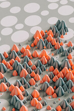 Three Dimensional Render Of Red And Gray Cones Laid On Polka Dot Pattern