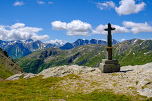 Italy, Aosta Valley, Summit Cross At Great St Bernard Pass