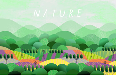 Wall Mural - Nature and landscape. Vector illustration of trees, forest, mountains, flowers, plants, houses, fields, farms and villages. Picture for background, card or cover