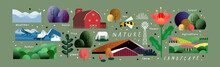Nature And Landscape. Vector Illustration Of Trees, Forest, Mountains, Flowers, Plants, Houses, Fields, Farms And Villages. Picture For Background, Card Or Cover