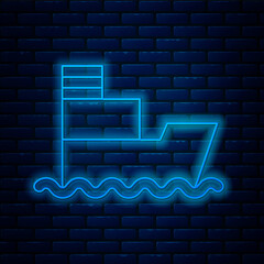 Poster - Glowing neon line Ship icon isolated on brick wall background. Insurance concept. Security, safety, protection, protect concept. Vector