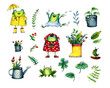 set of watercolor elements - cute frogs, yellow rubber boot, watering can, bucket, mug, berries and leaves.
