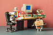 Unemployed robot manager retro style office workplace background. Vintage computer table, leather boss chair. Placard job wanted. The concept of searching for vacancies, recruiting and labor hire